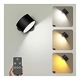 Wandleuchte Innen, Wandlampe mit Fernbedienung Dimmbar mit Akku mit USB-Ladeanschluss, Led Wandleuchte Touch Control 3 Helligkeitsstufen 3 Farbmodi 360° drehbare für Wohnzimmer Schlafzimmer Schwarz