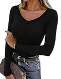 Aottori Damen Langarmshirt V-Ausschnitt Pullover Stretch Langarm Oberteile Baumwolle Sexy Tshirts Casual Basic Top Schwarz L