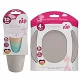 nip 8 tlg. Kleinkinder-Set Giraffenmotiv, made in Germany, 4 x Teller (Durchmesser19cm) & 4 x Trinkbecher, 4 Pastellfarben, MADE IN GERMANY QUALITÄT, BPA frei, spülmaschinen und mikrowellengeeignet