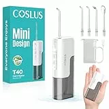 COSLUS Mini Elektrische Munddusche für Unterwegs: 4 Modi Kompaktes Design Abnehmbarer Wassertank für einfache Reinigung, Tragbarer Dental Irrigator für Zahnzwischenraum Reinigung & Travel T40 Weiß