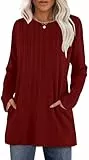 XIEERDUO Pullover Damen Strickpullover Longpullover mit Taschen Sweatshirt Langarmshirt Herbst Winter 2025 Oberteile Rot 2XL
