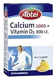 Abtei Calcium 1000 + D3 - Für den Erhalt starker Knochen - Hochdosiert - Glutenfrei, laktosefrei, für Vegetarier geeignet - Mit Zitronengeschmack - 30 Tabletten