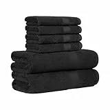 Amazon Basics – 6 Stück Handtuch-Set für Badezimmer, lichtbeständig, 100 % Baumwolle, weich und saugfähig, 2 Badetücher und 4 Händehandtuch, Schwarz