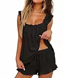 MARZXIN Schlafanzug Damen Kurz Zweiteiliger Pyjama Kurzarm Set Brautpyjama Sommer Nachtwäsche Loungewear Sleepwear Hausanzug Rüschen Ärmelloses Tank Top und Short Schwarz XL