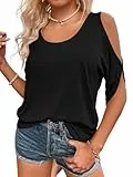 Fisoew T Shirt Damen Rundhalsausschnitt Oberteile Schulterfrei Tops Sommer Kurzärmeliges Casual Tee Shirts Bluse.Schwarz.XXL