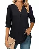 Amrto Damen Bluse Elegant Lange Elegant Sommer Tunika Einfarbige V-Ausschnitt 3/4 Langärmelig Blusenshirt Lässig Lose Longbluse A Linie Basic Business Outfit für Arbeit Büro, Schwarz L