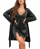 RSLOVE Damen Satin Nachthemd Set - Sexy Negligée mit Spitze & Passendem Morgenmantel, 2-teiliges Nachtkleid Dessous Set Schwarz M