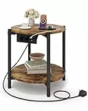 IRONCK Beistelltisch rund, Couchtisch mit Steckdose, Kleiner Tisch Holz, Wohnzimmertisch 2 Ablagen,Sofatisch,USB & Type-C-Anschluss, Metallrahmen, Nachttisch für Schlafzimmer (Vintagebraun, 1 Stück)