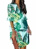 JOCAFIYE Frauen Kurzarm Kleider V-Ausschnitt Casual Flowy Swing Party Club Mini Kleid Green Leaf L