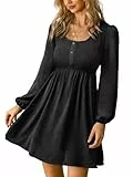 CUPSHE Damen Minikleid Herbst mit Smok Rundhals Lange Ärmel Lässige Rüschen A-Linie Freizeit Kleider Schwarz XL