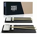 Moritz & Moritz 10-TLG. Sushi Platte Schiefer mit Dipschalen für 2 Personen - 30x10 cm - Sushi Geschirr Schieferplatten mit Stäbchen Ablagebänkchen Dipschalen Schiefertellern