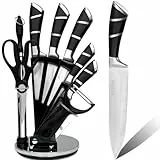 BFYLIN Messerblock Messer set, 9Teiliges Küchenmesser set, Messer block set mit,Kochmesser Brotmesser Universalmesser Anspitzer Gemüsemesser Küchenschere Schäler Mit Acrylmesserhalter
