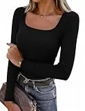 Aottori Langarmshirt Damen mit Eckigem Ausschnitt Pullover Stretch Langarm Oberteile Sexy Tshirts Casual Basic Tops Schwarz L