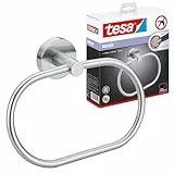 tesa Moon Handtuchring, Edelstahloptik - Handtuchhalter-Ring oval - zur Wandbefestigung ohne Bohren, inkl. Klebelösung - 185mm x 125mm x 50mm