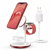 3 in 1 Induktive Ladestation für mehrere Geräte,Kabellos Ladestation,15W Wireless Charger Kompatibel mit Mag Safe Ladegerät für iPhone 15 14 13 12 Pro Max/Plus/Pro,iWatch Ultra/8/7/SE,AirPods Red