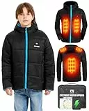 CYCYHEAT Beheizbare Jacke Kinder mit Powerbank 10000mAh 7,4V-Jungen und Mädchen Heizjacken with Kapuze Winterjacke beheizte Kleidung zum Skifahren mit 3 Heizzone und 3 Stufen Temperatu (DE/NL/SE
