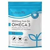 Nutravita Omega 3 Kapseln Hochdosiert 2000mg Fischöl Kapseln mit 660mg EPA un 440mg DHA Unterstützt die Gesundheit von Herz, Gehirn und Augen (EFSA) 90 Weichkapseln für 1.5 Monate