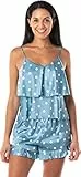 Satini Dessous Satin Schlafanzug-Set Mieder Shorts Polka Schlafwäsche Nachtwäsche (Blau, L)
