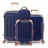 LEADZM Kofferset 4 teilig Hartschale, Koffer Set aus ABS, Reisekoffer mit Rollen Groß, Hartschalenkoffer Set, Koffer & Trolleys mit Kosmetikkoffer (Navy-Braun)