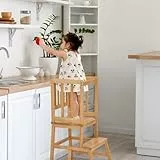 COSYLAND Lernturm ab 1 Jahr – Stabiler A-förmiger Learning Tower für Kinder – Anti-Rutsch, abnehmbar als Tritthocker, runde Ecken, kinderfreundlich – Naturfarbe