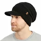 TOP-EX PolarWool™ 100% Merino Wolle Slouchy Strickmütze mit Schirm Fleece Gefüttert Oversize Wintermütze Herren Damen Große Köpfe Schwarz XL/XXL Pendeln Reisen Alltag