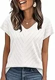 WIHOLL Pullover Damen Kurzarm Sommer Elegant T Shirt Leicht V-Ausschnitt Stretch Oberteile Basic Strickpullover Tops Weiß S