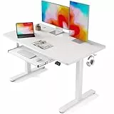 FEZIBO 120 x 60 cm Schreibtisch Höhenverstellbar Elektrisch mit Tastaturablage, Stehpult T-Beine aus Stahl mit Memory-Steuerung, Anti-kollisions System, Weiß