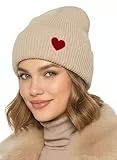 Baesics Wintermütze Creme mit Herz Damen Herren Unisex, weiche kuschelige Strickmütze Beanie, elastisch und warm, One Size für Herbst und Winter, Alltag und Outdoor, Geschenk Frauen Männer