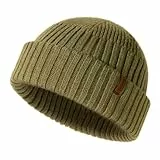 Comhats Fischer Mütze Herren Wollmütze Kurz Docker Haube Trawler Fisherman Beanie Hat Damen Merino Wolle Strick Winter Cap Großer Kopf Ski M/L Olivgrün
