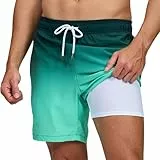 outfit spring Badehose Herren Schnelltrocknend mit Reißverschlusstasche, 2-in-1 Badeshorts für Herren mit Kompressions-Innenhose, Boardshorts Männer für Strand, Pool & TrainingV0 Verlaufgrün, XXL