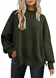 Tincini Pullover Damen Strickpullover Winter Rundhals Pulli Herbst Lose Sweatshirt Warm Fledermaus Langarmshirt aus Strick Seitlichem Schlitz Oberteile (Armeegrün, M)