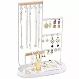 ProCase Schmuckständer Schmuckhalter für Halskette Ohrstecker, Schmuck Organizer Jewelry Ständer mit Samt Ring Tablett und Studie Metallrahmen, Schmuckaufbewahrung für Ketten Armbänder Ringe -Weiß