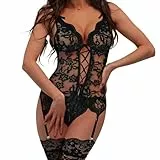 AUYAO Dessous Sets Damen, Spitze Body Bodysuit Teddy Mesh Unterwäsche, Teddy Babydolls Dessous mit Oberschenkel Strumpfband Ohne Strümpfe, Verstellbar V-Ausschnitt Reizwäsche Strapsen Set (Schwarz,M)