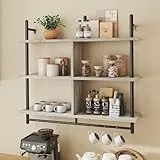 Bestier 105.5 cm 3-stufiges schwebendes Rohrregal, industrielles wandmontiertes Leiterregal mit Rundrohr und Haken, Holzregal für Dekoration und Aufbewahrung (Weiß, 105.5cm)