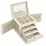 SONGMICS Schmuckkästchen 4 Ebenen, Schmuckkasten mit 3 Schubladen, viel Stauraum, innen mit Spiegel, abschließbar, Schmuckaufbewahrung, Geschenk für Ihre Liebsten, für Uhren, weiß JBC159W02