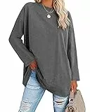 Ebifin Oversize Langarmshirt Damen Longshirt Rundhalsausschnitt Oberteil Langarm T Shirts Pullover Basic Tunika Tee Tops.Dunkelgrau.L