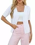GRACE KARIN Damen Bolero Kurzarm V Ausschnitt Cardigan Kurz Casual Elegant Strickjacke Bolerojacke Weiß L