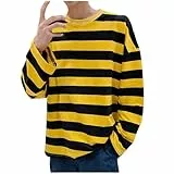 UHouse Langarmshirt Herren T-Shirt Langarm Basic Longsleeve Rundhals Tshirt Baumwolle Shirt Gestreiften Pyjama Bequeme Schlafanzugoberteile Lässig Schlafanzug Leicht Gelb XL