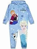 Disney Frozen Onesie Mädchen, Kuscheliger ELSA Schlafanzug Mädchen, Fleece Schlafoverall Kinder, Anna & ELSA Onesie Kinder Für Winter, Blau 122