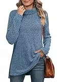 WIHOLL Pullover Damen Sweater Rollkragenpullover Sweatshirt Langarm Strickpullover Herbst Pulli Oberteile Blau XL