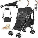 YITAHOME Hundebuggy Bis 11,3kg Klappbar, Katzenwagen, 360°Verschleißfeste EVA-Räder, Ablagekorb, Netzfenstern, Getränkehalter, Hundewagen für hunde, Katzenbuggy (Schwarz)