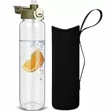 DEARRAY 1 liter Trinkflasche Glas Flasche mit Strohhalm 1l Glasflasche mit Schutzhülle, Auslaufsicher BPA frei Wasserflasche für Sport, Smoothie, Früchte Kohlensäure geeignet