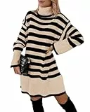 Imily Bela Damen Strickkleid Gestreift Rollkragen Pulloverkleid Langarm Elegant Kleid Winter Knielang Locker(Beige,L)