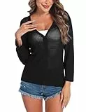 Sykooria Bolero Damen 3/4 Ärmel Dünne Jacke Sommer Cardigan Leichte Strickjacke Kurz Stricktop Oberteile mit Knopfleiste, Schwarz XL