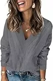 Fisoew Damen Pullover Oversized V-Ausschnitt Strickpullover mit V-Form Gestreift Langarm Durchbrochen Pulli Sweater,Grau,S