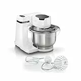 Bosch Küchenmaschine Serie 2, kleine Küchenmaschine, Edelstahl-Schüssel 3,8 L, Knethaken, Schlag-, Rührbesen spülmaschinenfest, 4 Arbeitsstufen, 700W, weiß, MUMS2EW00