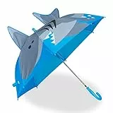 Relaxdays Regenschirm Kinder, 3D Motiv Hai, Kinderregenschirm Junge & Mädchen, Ø 78 cm, Kleiner Stockschirm, blau/grau