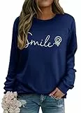 WIEIYM Damen Sweatshirts Smile Sweatshirt Baumwolle Grafik Rundhalsausschnitt Sweatshirt Lustige Langarm Tops Basic Pullover für Frühling Herbst Winter, marineblau, M