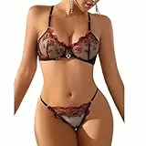 Satohom Sexy Dessous-Sets 2 Teiliges für Damen Transparent Netz Blumen Bestickt Erotische Unterwäsche Frauen Push Up BH mit Bügel + Durchsichtige Mesh String Lingerie Babydoll Teddy Negligee