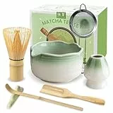 JBER Matcha Besen Set, Matcha Set 7-Teiliges - Matcha Besen und Besenhalter, Matcha Schale mit Auslauf, Sieb, Löffel und Halter, Japanisches Matcha Tee Set für Matcha-Liebhaber, Hellgrüner Farbverlauf